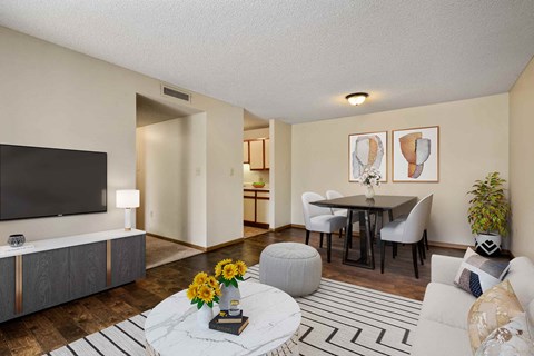 a living room and dining room with a table and a television