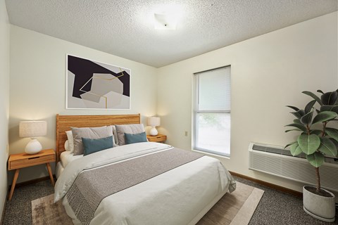 A bedroom with a bed, nightstands, and a plant.