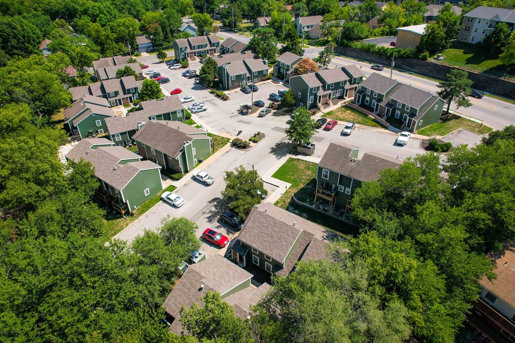 an aerial view of a neighborhood of houses with cars parked