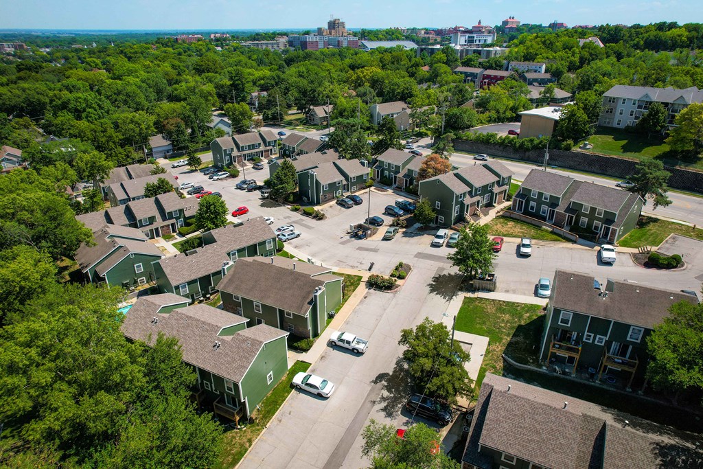 an aerial view of a neighborhood with houses and trees