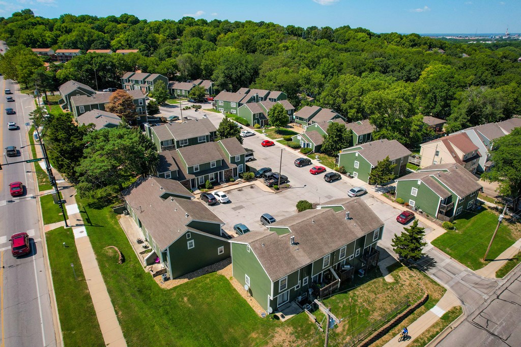 an aerial view of a neighborhood of houses with green roofs
