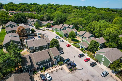 an aerial view of a neighborhood with houses and trees
