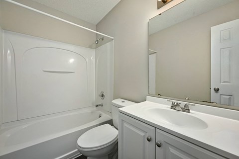 the preserve at ballantyne commons apartment bathroom with tub sink and mirror