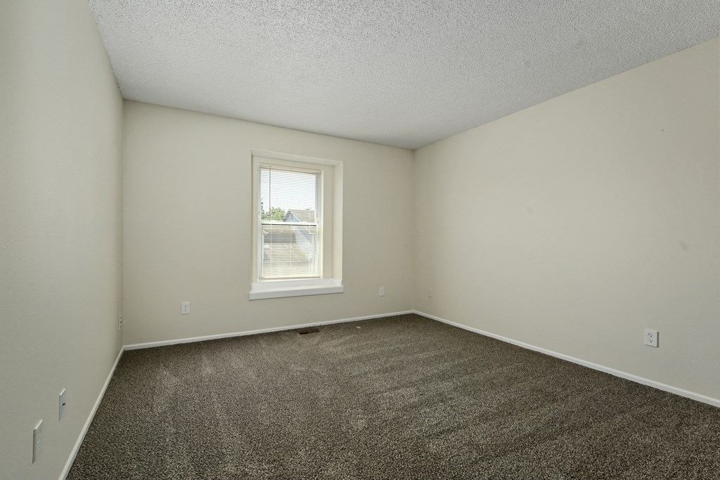 an empty living room with carpet and a window
