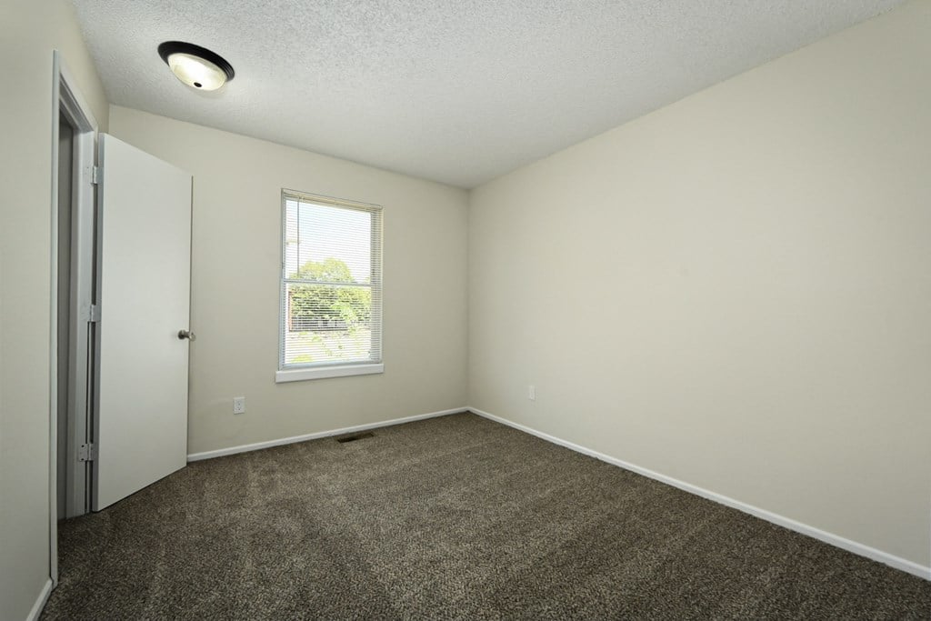 an empty living room with carpet and a window