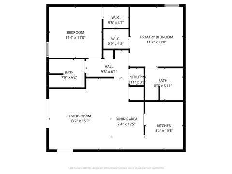 A floor plan for an apartment with a living room, dining area, kitchen, two bedrooms, a hall, two bathrooms, and a utility space.