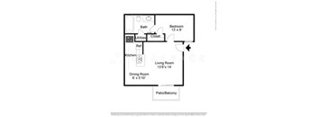 A floor plan of a small apartment with a living room, dining room, kitchen, bathroom, bedroom and patio.