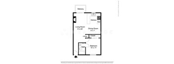 A floor plan of a small apartment with a living room, dining room, kitchen, bathroom and bedroom.