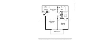 A floor plan of a small apartment with a living room, dining room, kitchen, bathroom, and bedroom.