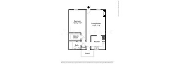 A floor plan of a small apartment with a bedroom, living room, kitchen, bathroom, and porch.
