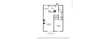 A floor plan of a small apartment with a living room, dining room, kitchen, bathroom, and two closets.