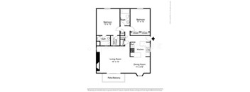 A floor plan of a house with two bedrooms, a living room, a dining room, a kitchen, a bathroom, a patio, and a balcony.