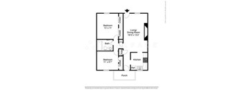 A floor plan of an apartment with a living room, two bedrooms, a bathroom, a kitchen, and a porch.