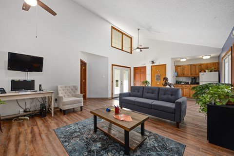 a living room with a couch and a coffee table