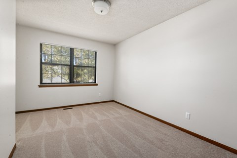 an empty living room with carpet and a window