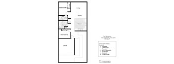 A floor plan for a two bedroom apartment with a living room, dining room, kitchen, bathrooms, and a garage.