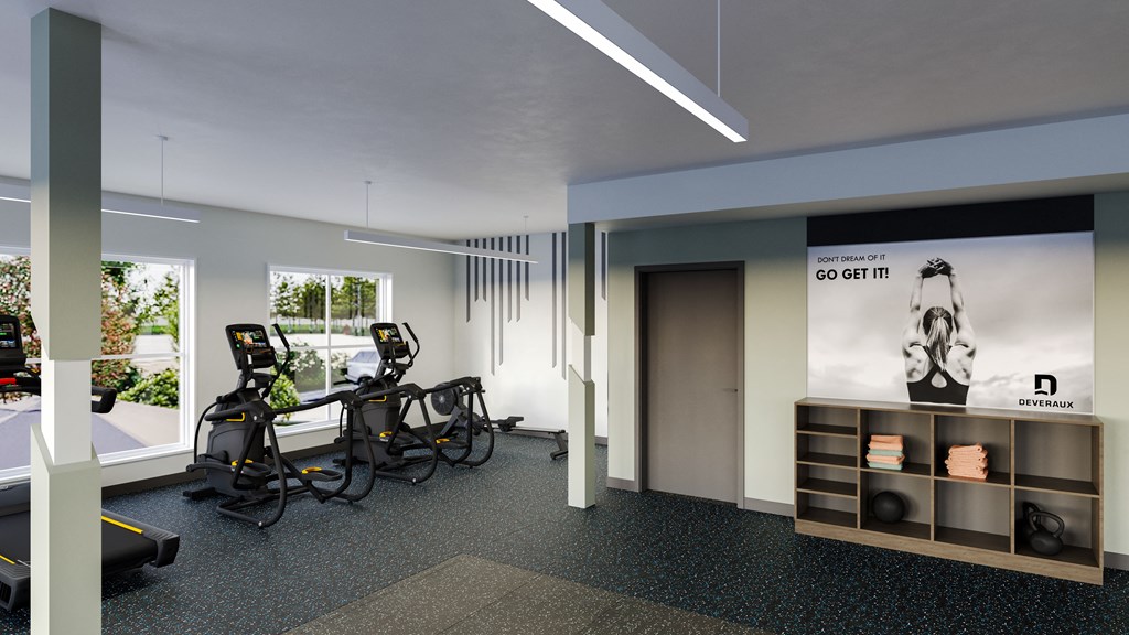 a rendering of a fitness room with exercise equipment
