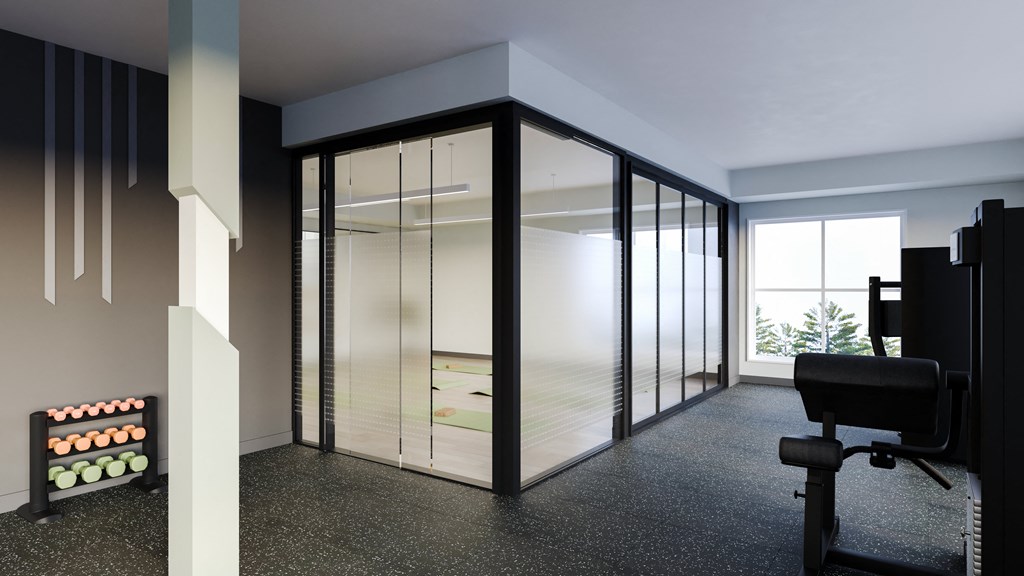 a conference room with glass walls and a chair