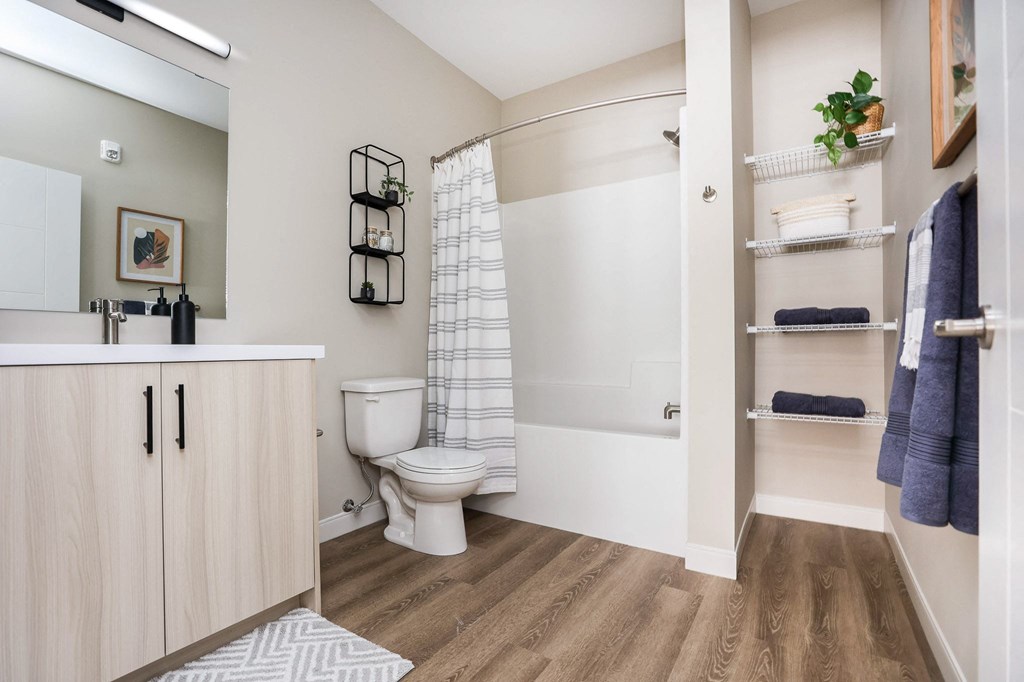 A bathroom with a toilet, sink, and a shower.