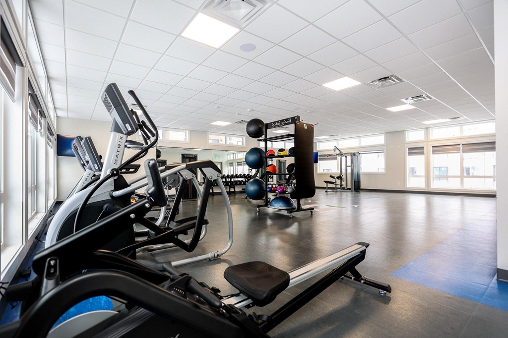 A gym with a row of treadmills and exercise equipment.