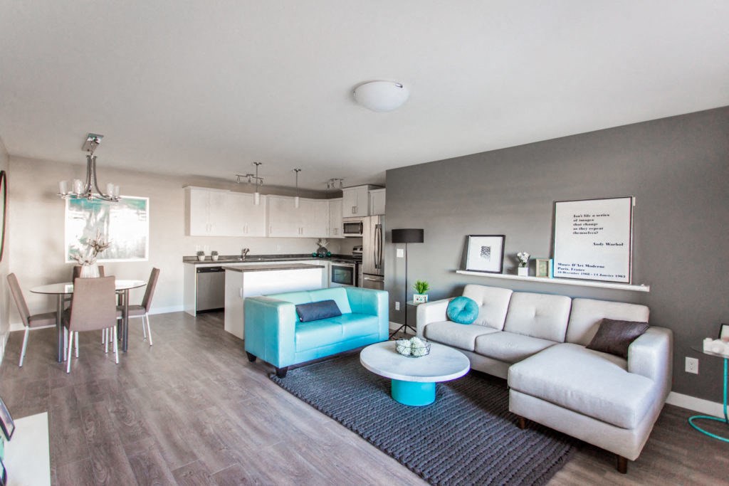 Interior - wide shot of living room and kitchen area.