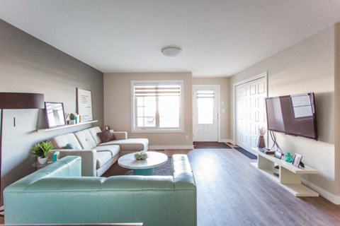 A living room with a white couch and a green couch.