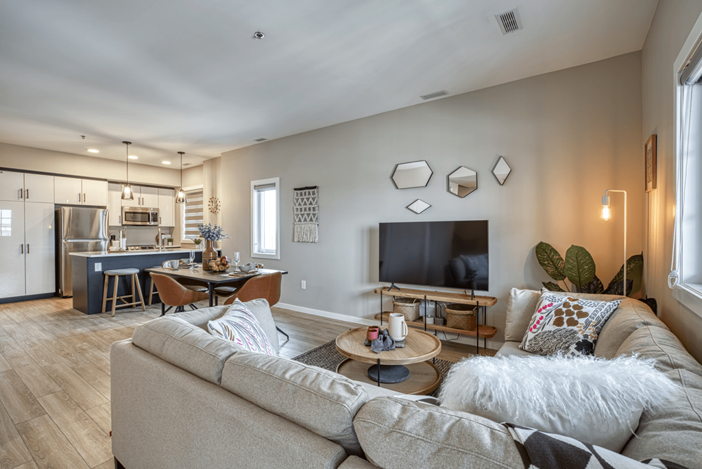 Interior - wide shot of living room and dining area.