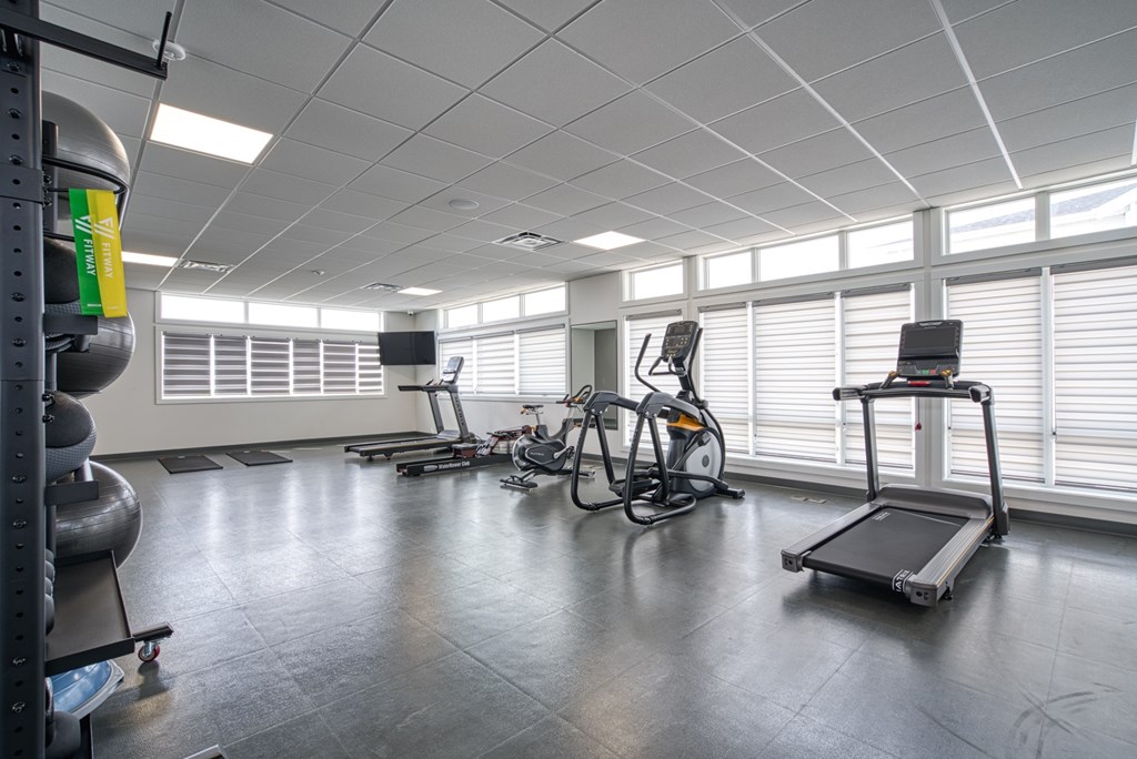 A gym with treadmills, exercise bikes, and other equipment.