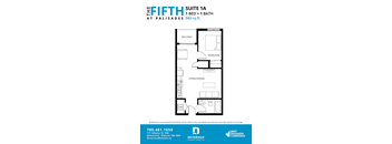 A floor plan for a 1 bedroom and 1 bath suite at The Fifth Palisades.