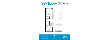 A floor plan for a 1 bedroom, 1 bathroom apartment at The Apex.