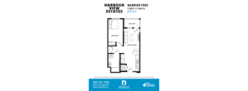 A floor plan for a 1 bedroom, 1 bathroom apartment at Harbour View Estates.