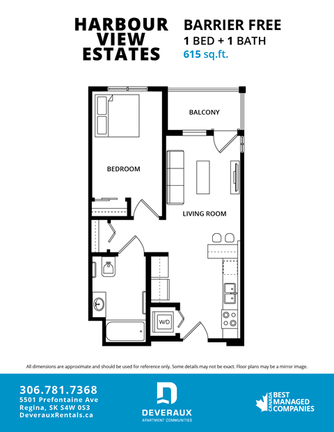 A floor plan for a 1 bedroom, 1 bathroom apartment at Harbour View Estates.