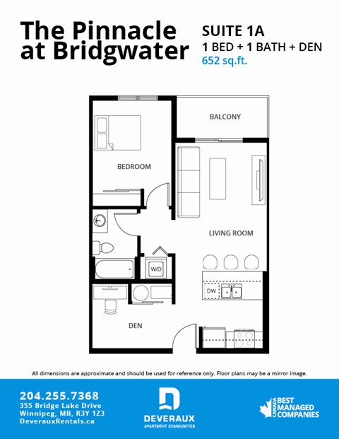 A floor plan for a 1 bedroom, 1 bathroom apartment at Bridgwater.