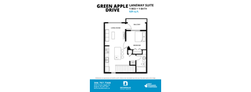 A floor plan for a 1 bedroom suite at Green Apple Laneway.