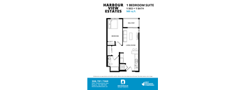 A floor plan for a 1 bedroom suite at Harbour View Estates.