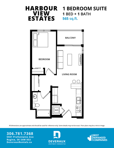 A floor plan for a 1 bedroom suite at Harbour View Estates.