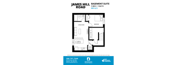 A floor plan for a James Hill Basement Suite showing a living room, bedroom, and bathroom.