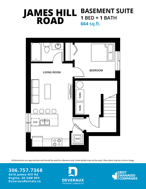 A floor plan for a James Hill Basement Suite showing a living room, bedroom, and bathroom.