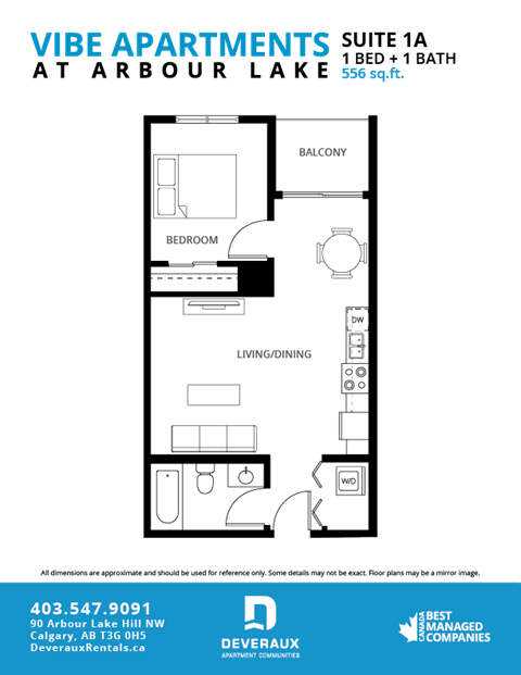 A floor plan for a 1 bedroom apartment at Arbour Lake.