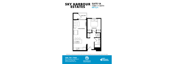 A floor plan for the Sky Harbour Estates Suite 1A, which includes a bedroom, living/dining area, and bathroom.