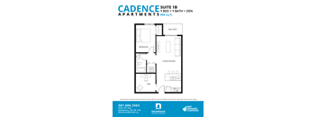 A floor plan for a one bedroom apartment with a den and balcony. at Cadence at Griesbach, Edmonton, AB, T5E 1Y8