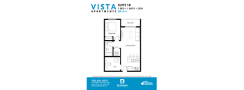 A floor plan for a suite apartment with a balcony, bedroom, living/dining area, and den at Vista Apartments at Edgemont, Edmonton, AB