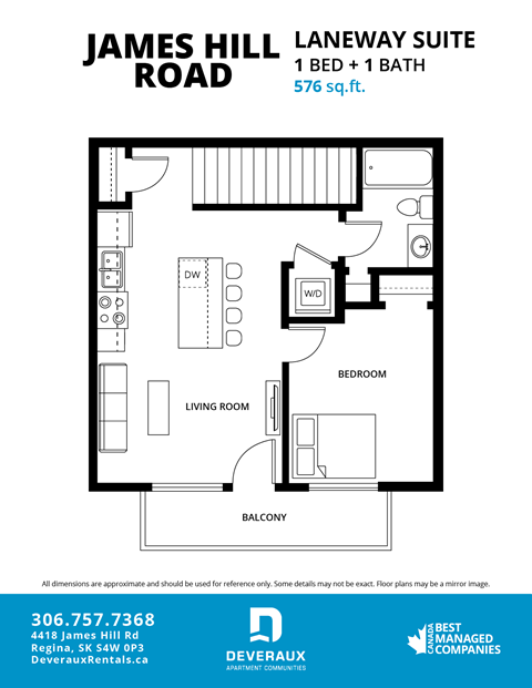 A floor plan for a 1 bedroom, 1 bathroom apartment at James Hill Laneway Suite.