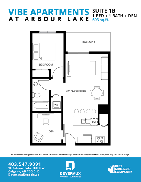 A floor plan for a 1 bedroom apartment at Arbour Lake.