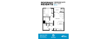 A black and white image of a floor plan for a 1 bedroom suite at Deveraux Heights.