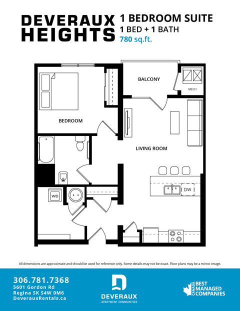 A black and white image of a floor plan for a 1 bedroom suite at Deveraux Heights.