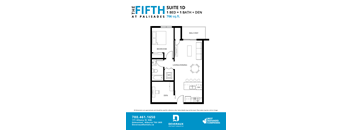 A floor plan for a suite at Palisades shows a bedroom, living/dining area, and den.