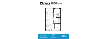 One bedroom den floor plan 650 square feet at Plaza Apartments, Alberta