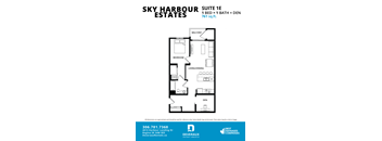 A floor plan for the Sky Harbour Estates Suite 1E, which includes 1 bed, 1 bath, and den, totalling 761 square feet.