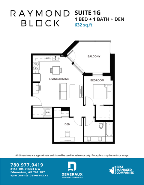 1G Floor Plan at Raymond Block, Edmonton, T6E 3R7
